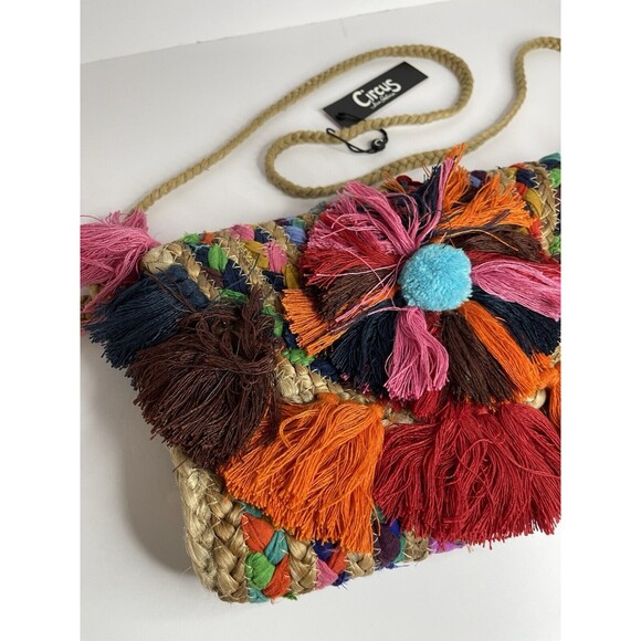 Sam Edelman Circus Jute Crossbody Tassle Fold Over Bag Purse Colorful NEW - Picture 2 of 8